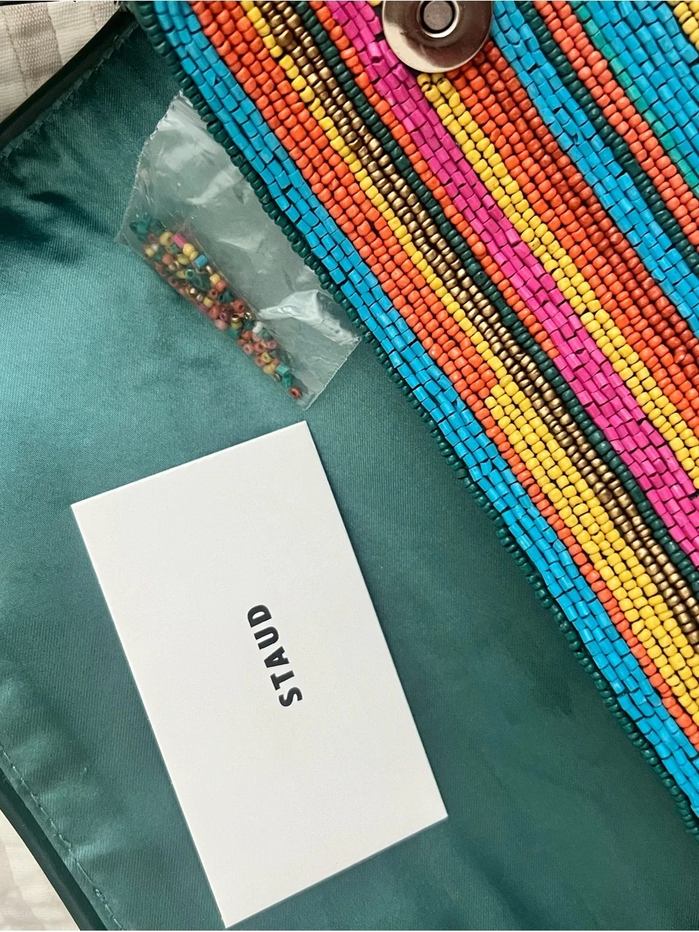 STAUD Multicolor Beaded Shoulder Bag with Dark Teal Strap